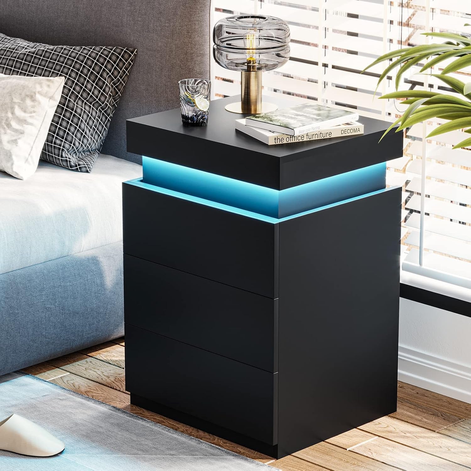 Nightstand with Charging Station and LED Lights,Night Stand with Sliding Top,Bedside Table with Drawers,Modern End Side Table for Bedroom,Black