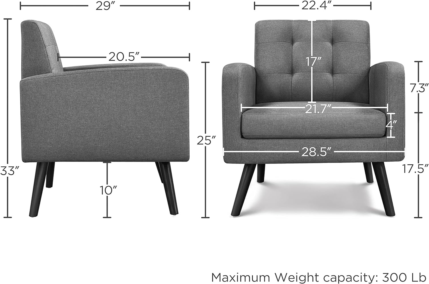 Modern Living Room Chair, Mid-Century Armchair Button Tufted Back and Wood Legs, Vintage Lounge Chair for Bedroom/Home Office/Study, Gray