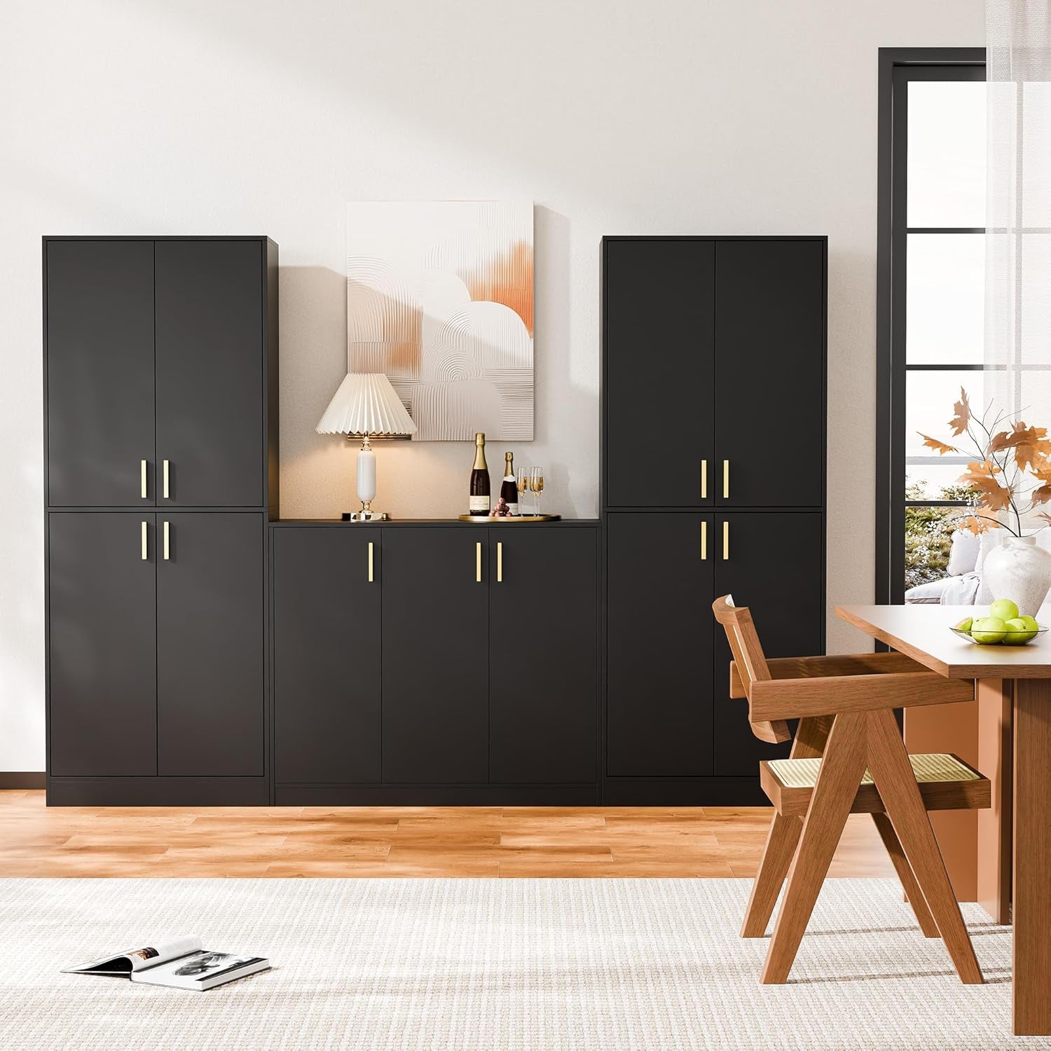 Kitchen Pantry Cabinet, 71" Tall Wood Storage Cabinet with Doors and Shelves 4 Doors Freestanding Cupboard Utility Hutch for Dining Room Living Room Bathroom Furniture, Black