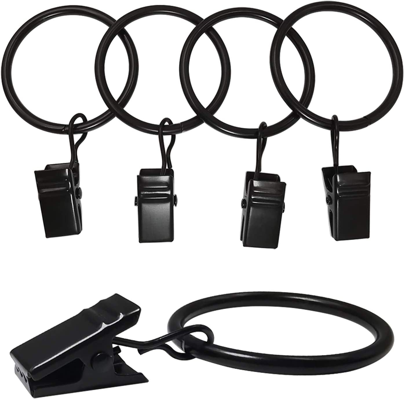 40 Pack Curtain Rings with Clips, Drapery Clips with Rings, Drapes Rings 1.26 in Interior Diameter, Fits up to 1 in Curtain Rod, Black