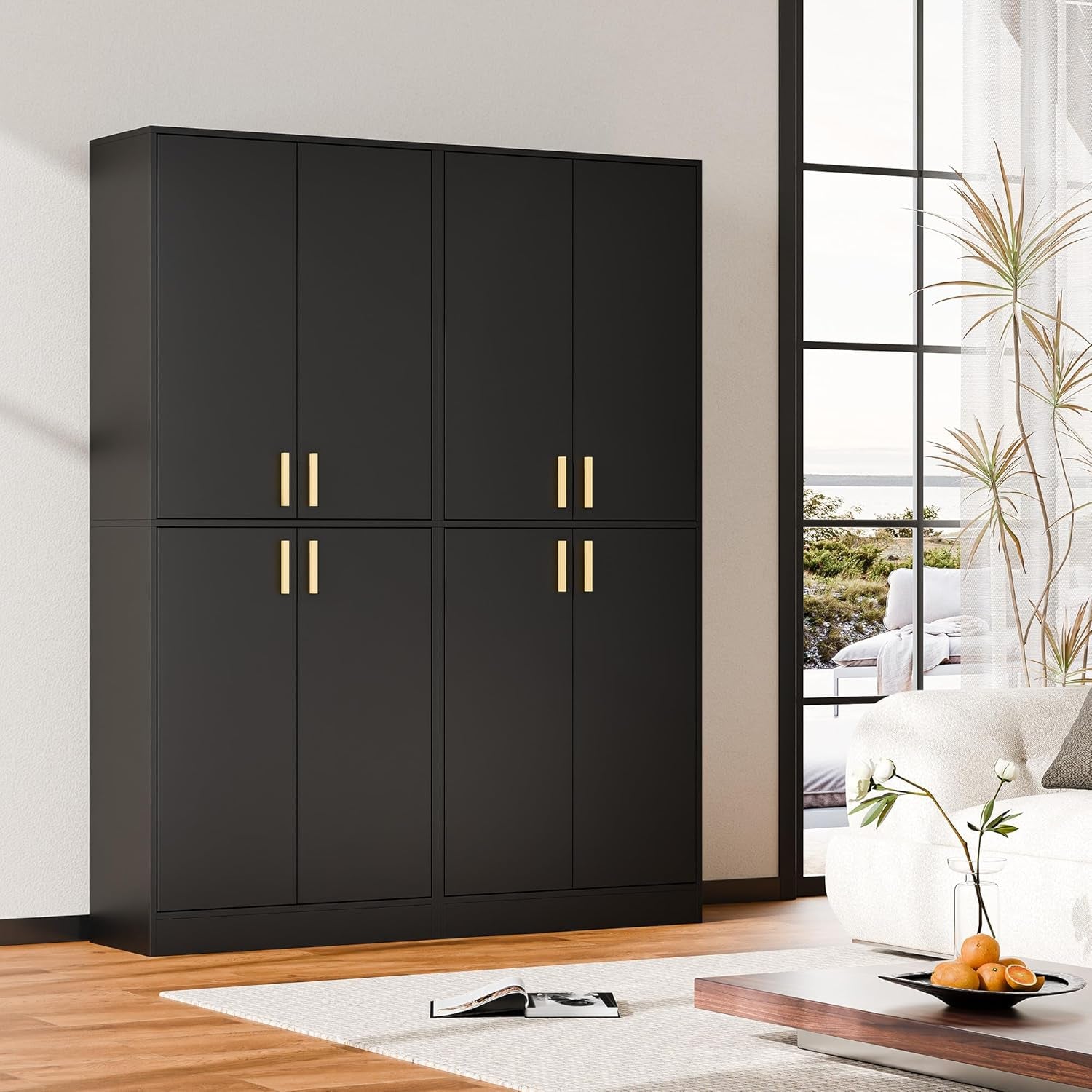 Kitchen Pantry Cabinet, 71" Tall Wood Storage Cabinet with Doors and Shelves 4 Doors Freestanding Cupboard Utility Hutch for Dining Room Living Room Bathroom Furniture, Black