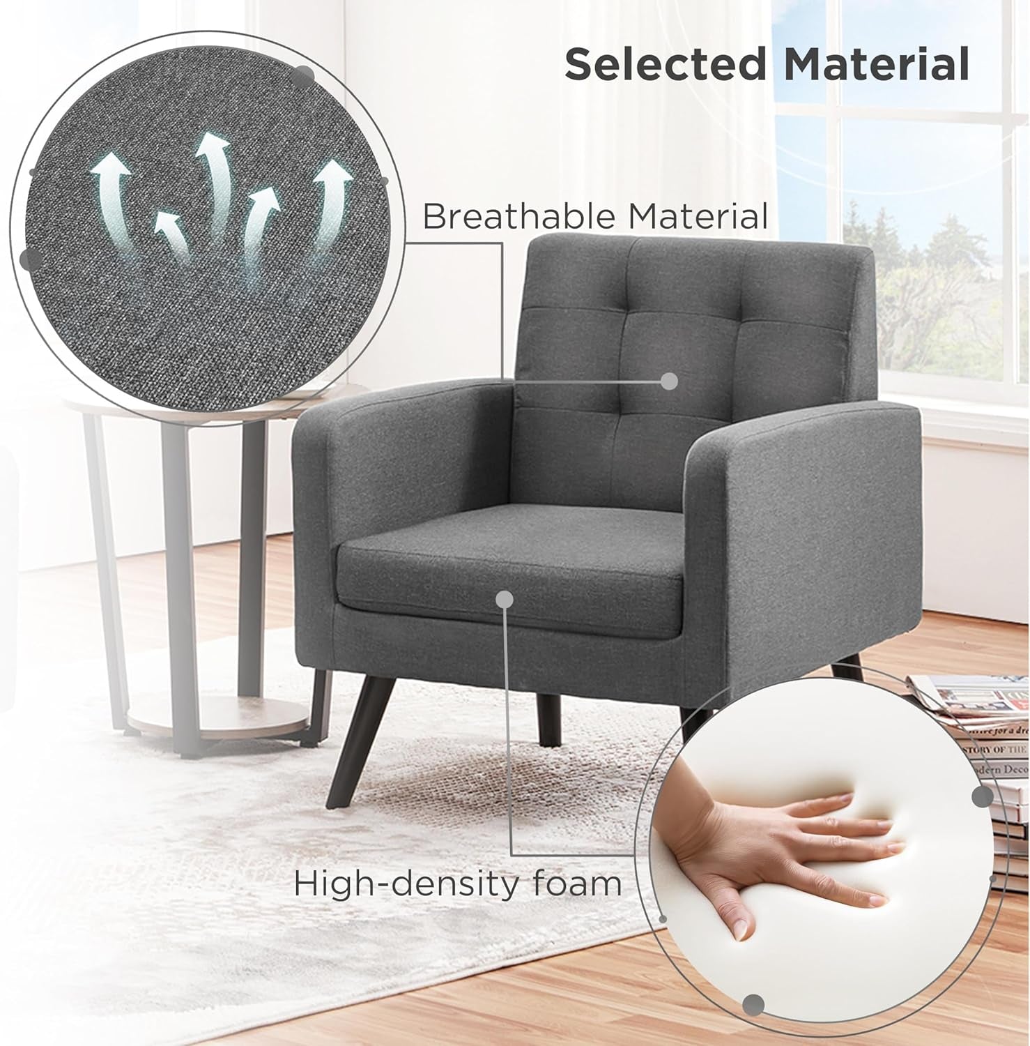 Modern Living Room Chair, Mid-Century Armchair Button Tufted Back and Wood Legs, Vintage Lounge Chair for Bedroom/Home Office/Study, Gray