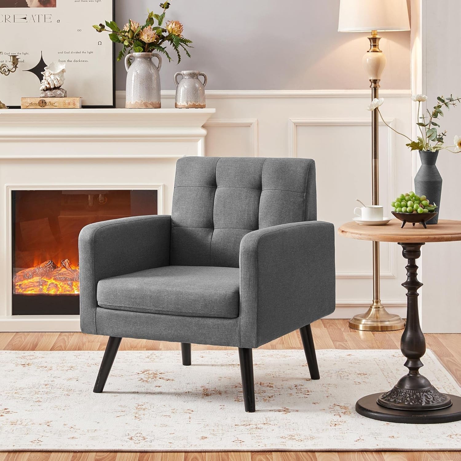 Modern Living Room Chair, Mid-Century Armchair Button Tufted Back and Wood Legs, Vintage Lounge Chair for Bedroom/Home Office/Study, Gray