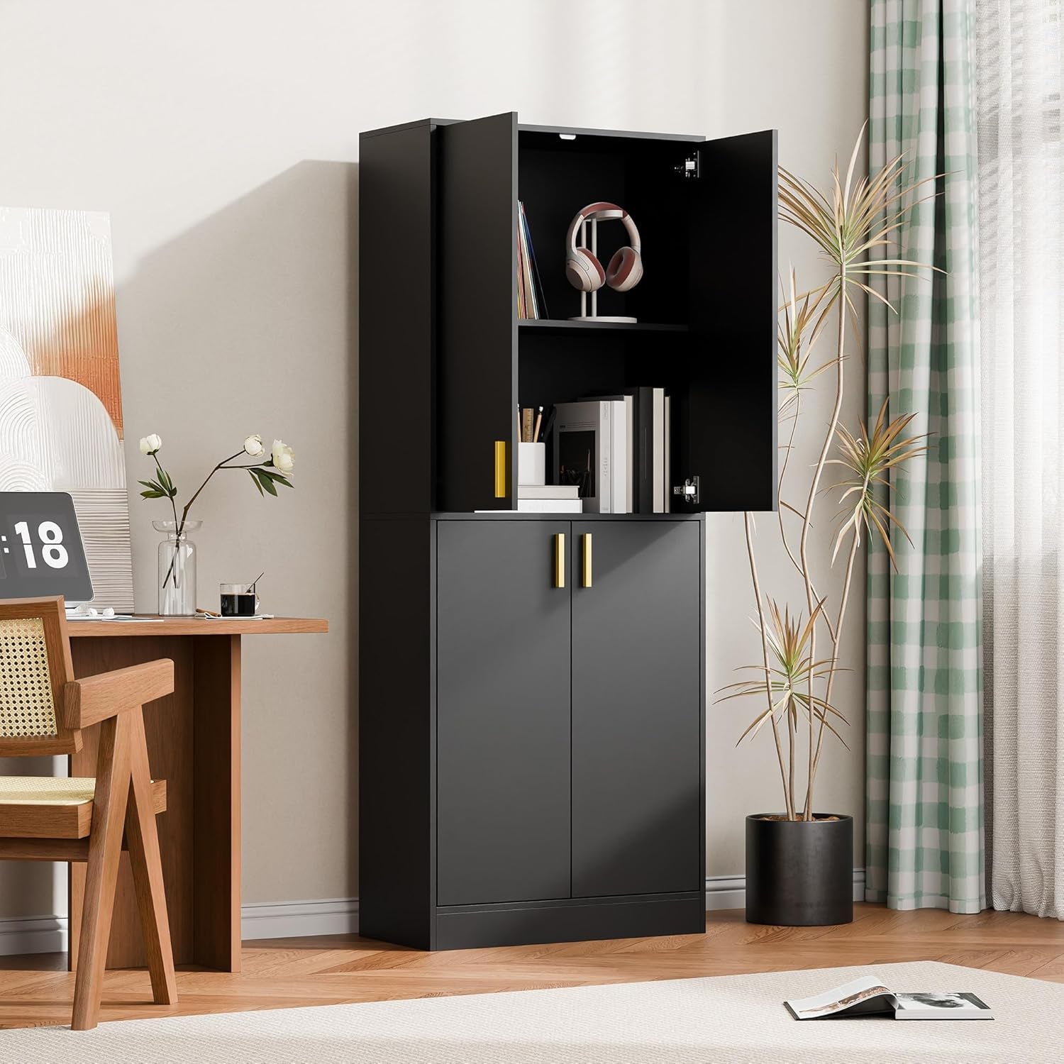 Kitchen Pantry Cabinet, 71" Tall Wood Storage Cabinet with Doors and Shelves 4 Doors Freestanding Cupboard Utility Hutch for Dining Room Living Room Bathroom Furniture, Black