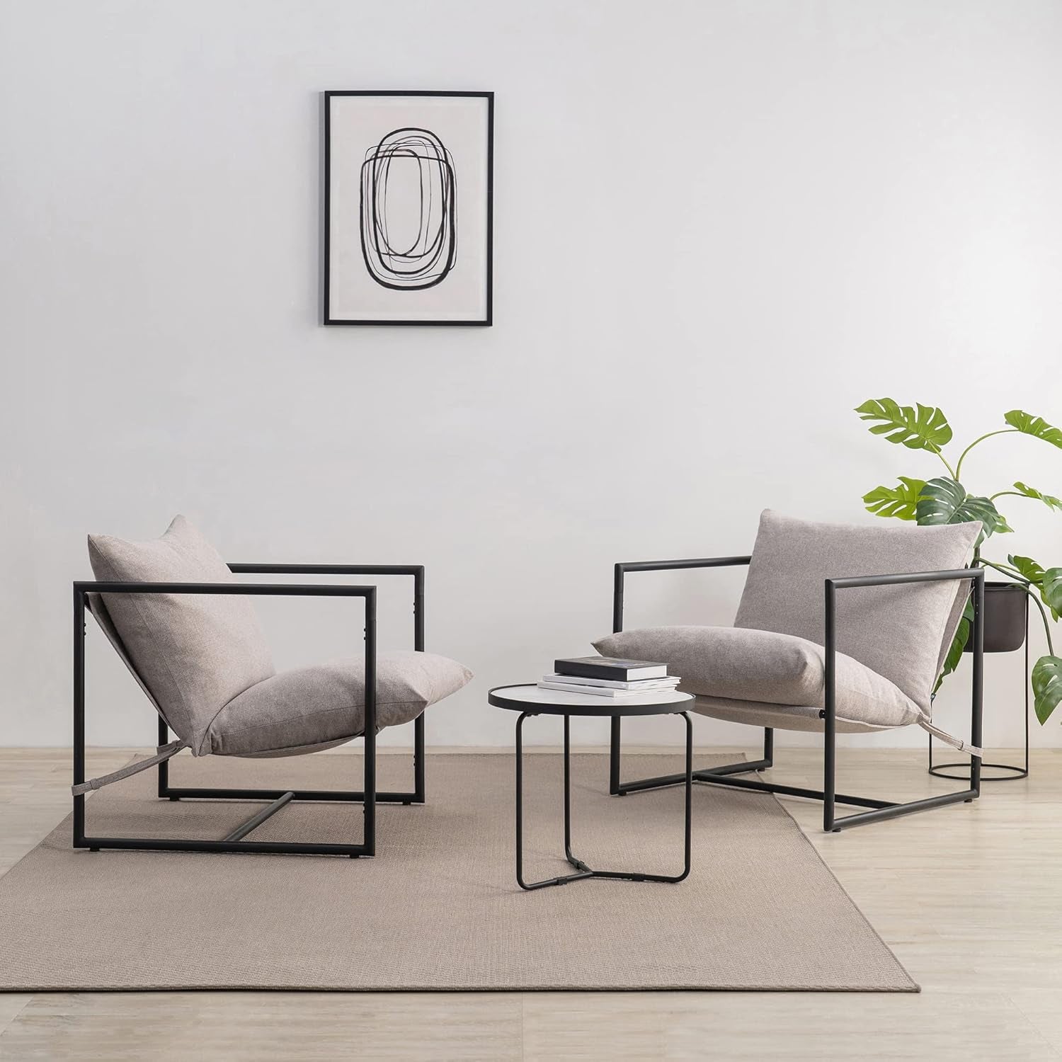 Aidan Sling Accent Chair, Metal Framed Armchair with Shredded Foam Cushioning, Oatmeal