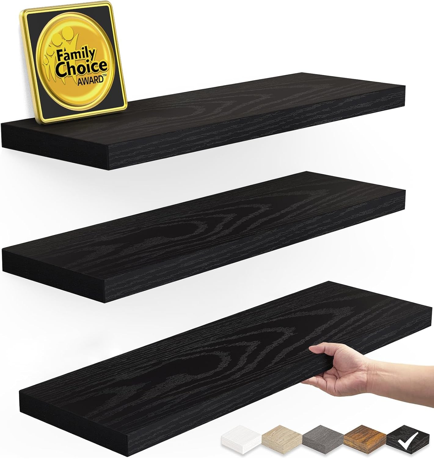 Floating Shelves for Wall, Wall Mounted Rustic Wood Shelves for Bathroom, Bedroom, Living Room, Kitchen, Hanging Shelf for Books/Storage/Room Decor with 22Lbs Capacity (Black, Set of 3, 15.7In)