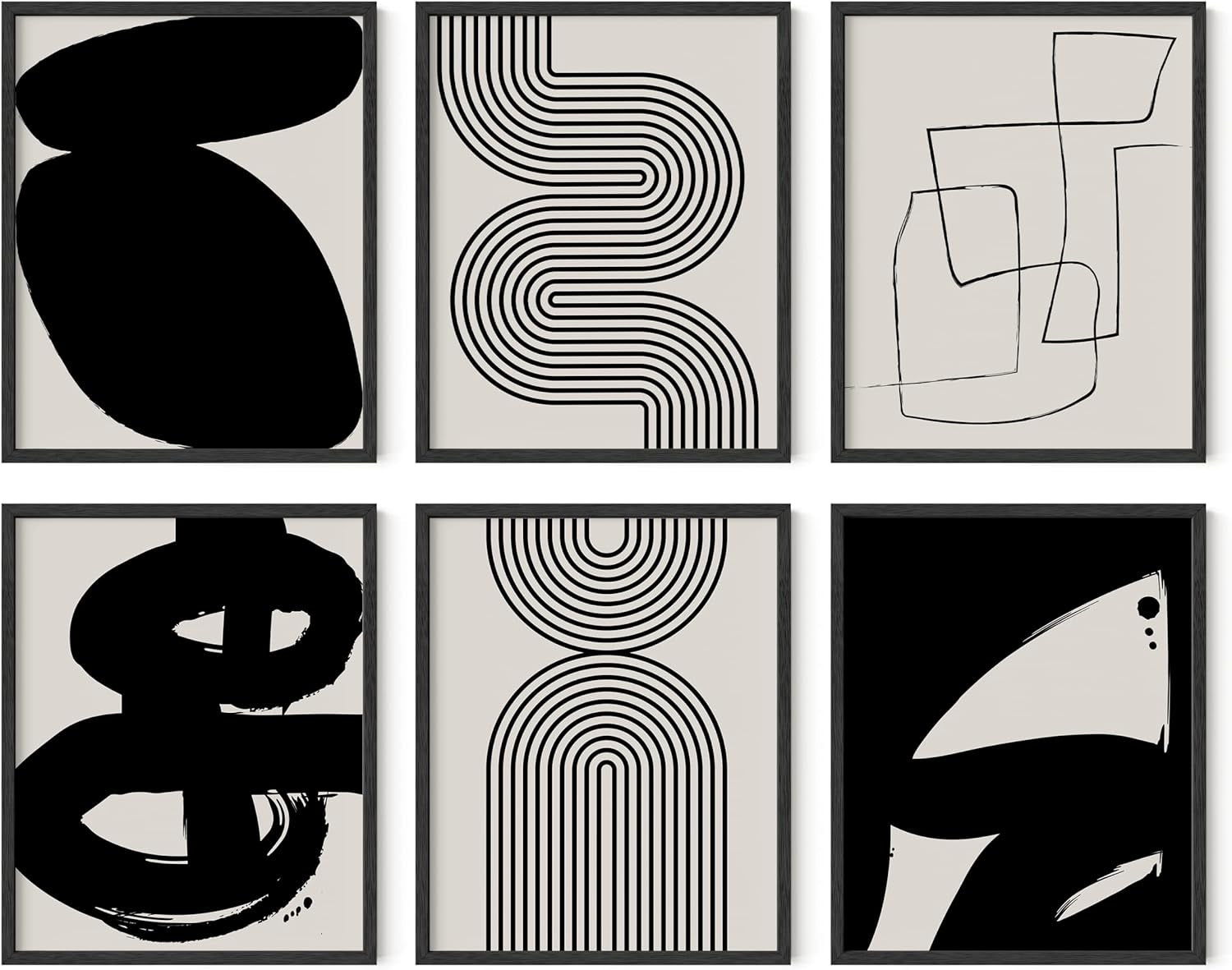 Black Abstract Painting Aesthetic Wall Art- Set of 6 Modern Abstract Wall Art, Black and Gray One Line Abstract Art, Geometric Print Wall Art, Minimalist Wall Art (Black Frame, 16X20)