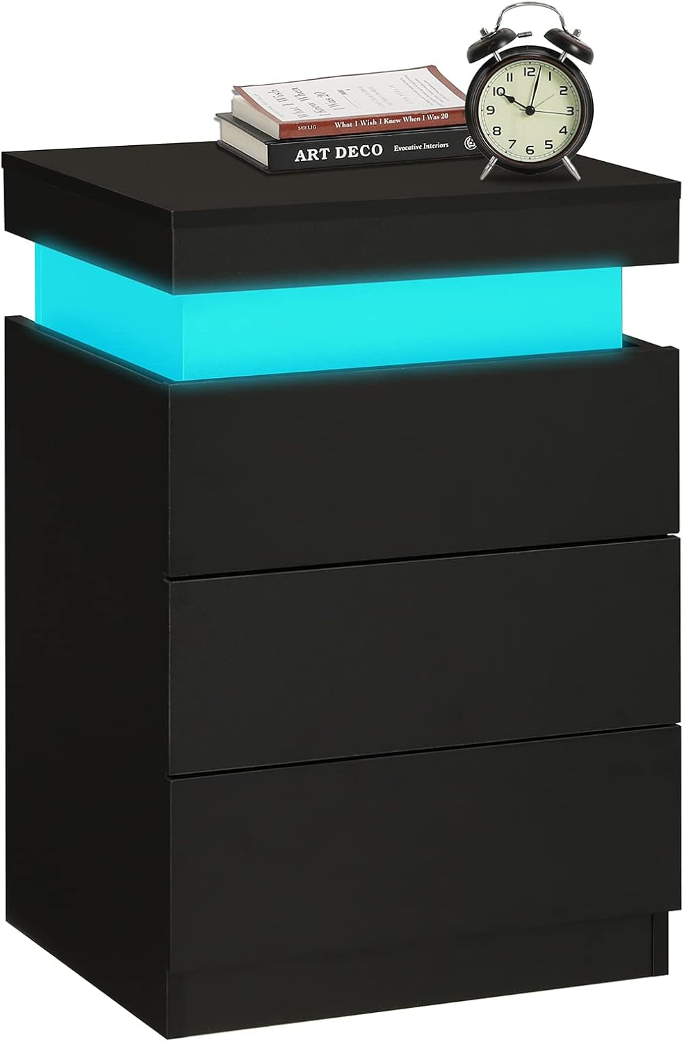 Nightstand with Charging Station and LED Lights,Night Stand with Sliding Top,Bedside Table with Drawers,Modern End Side Table for Bedroom,Black