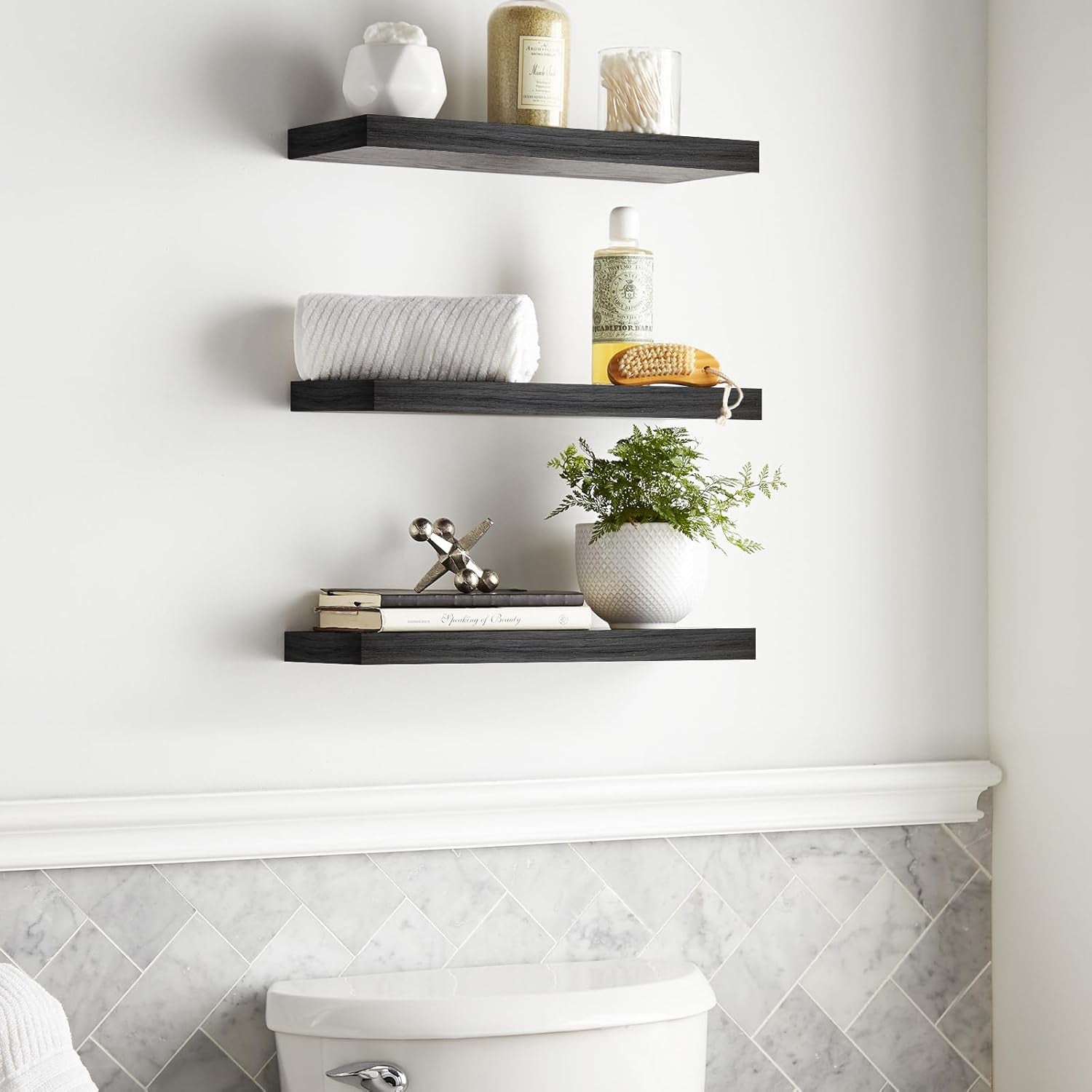 Floating Shelves for Wall, Wall Mounted Rustic Wood Shelves for Bathroom, Bedroom, Living Room, Kitchen, Hanging Shelf for Books/Storage/Room Decor with 22Lbs Capacity (Black, Set of 3, 15.7In)