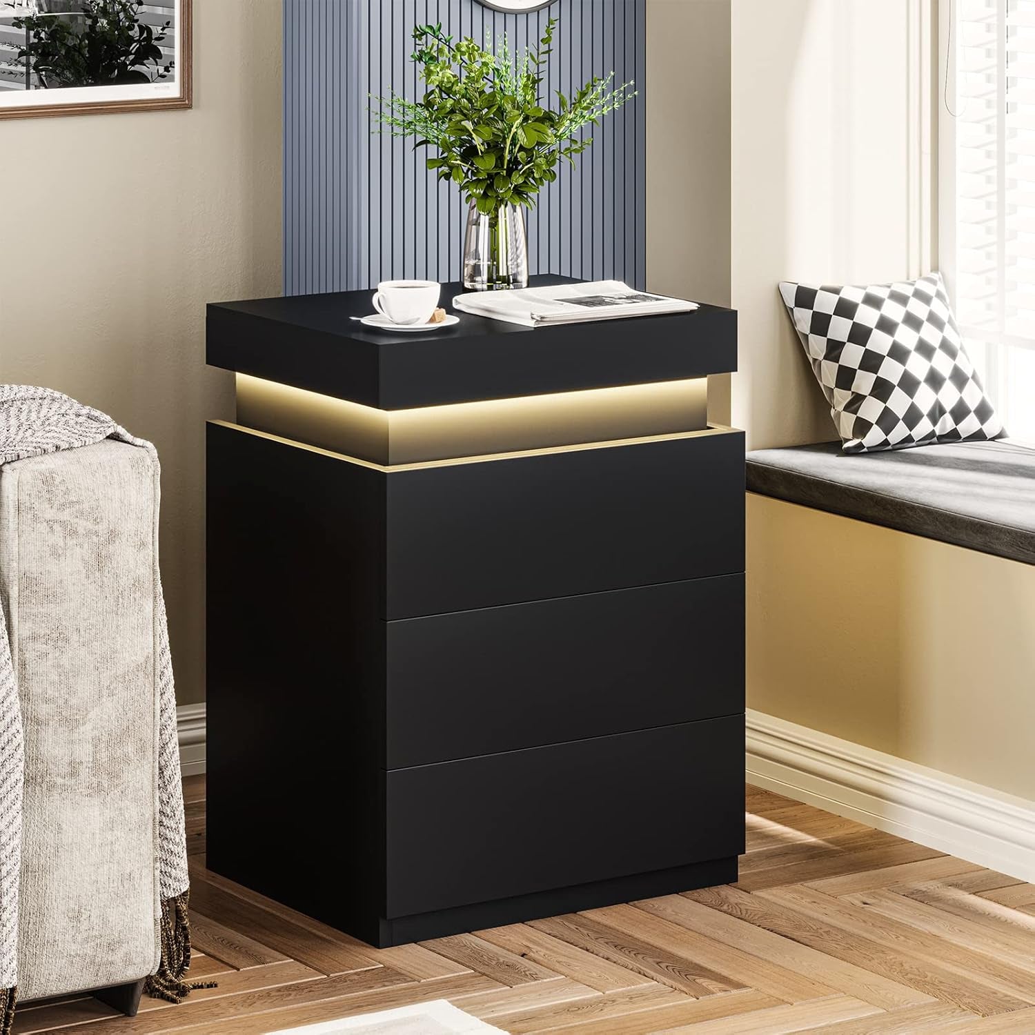 Nightstand with Charging Station and LED Lights,Night Stand with Sliding Top,Bedside Table with Drawers,Modern End Side Table for Bedroom,Black