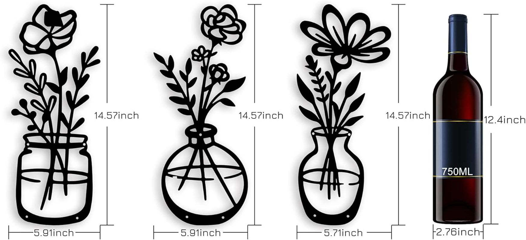3 Pieces Black Metal Flowers Wall Decor - Mothers Day Gifts for Mom Wall Art Metal Wall Sculptures Hanging for Indoor Kitchen Bathroom Bedroom Living Room,14.56X5.9 Inches