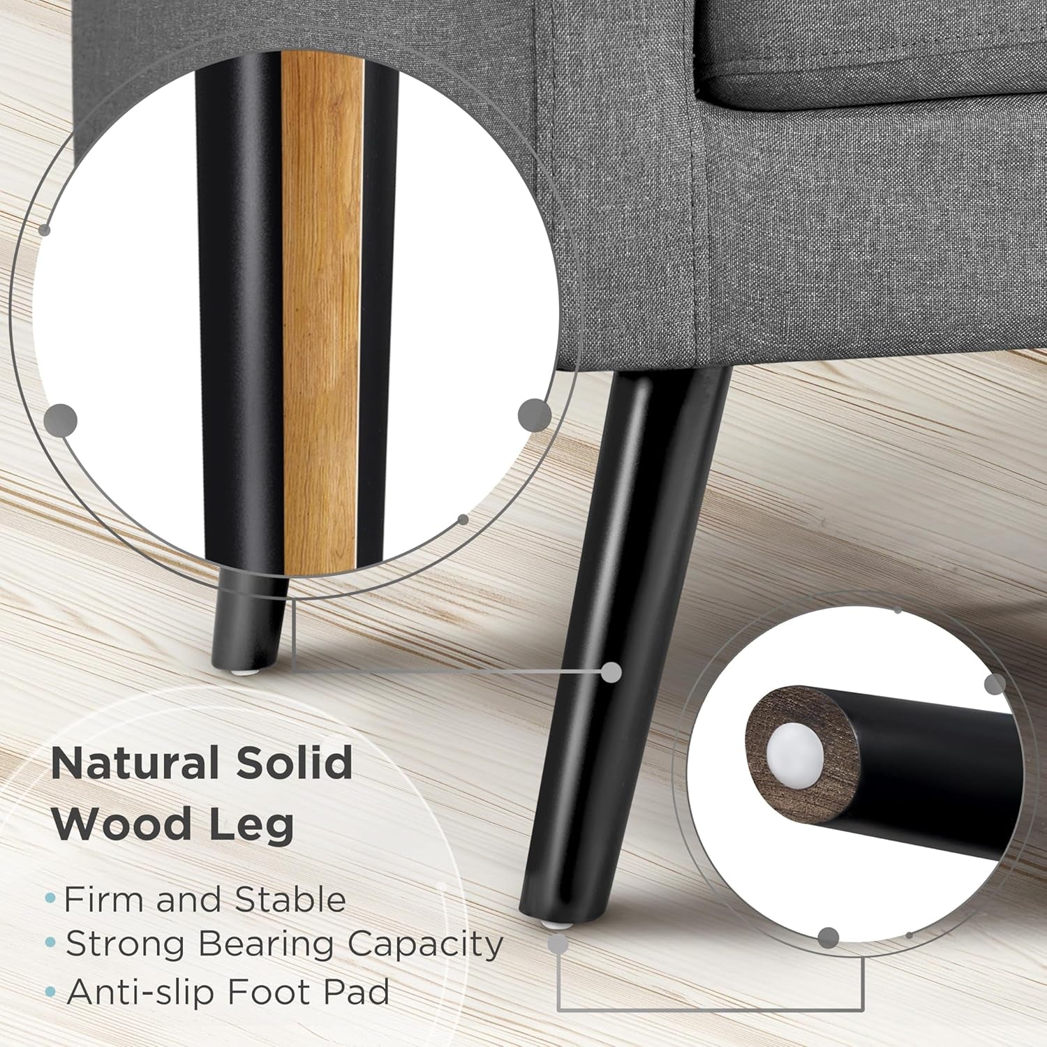 Modern Living Room Chair, Mid-Century Armchair Button Tufted Back and Wood Legs, Vintage Lounge Chair for Bedroom/Home Office/Study, Gray