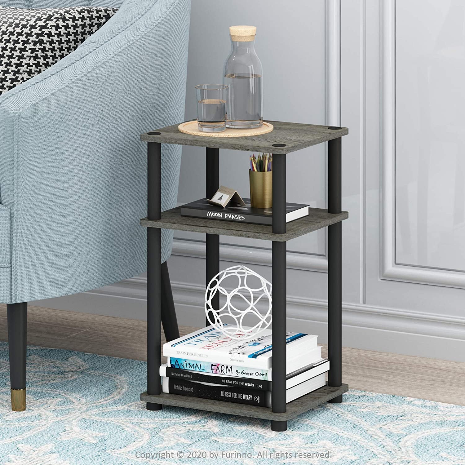 Just 3-Tier Turn-N-Tube End Table / Side Table / Night Stand / Bedside Table with Plastic Poles, 1-Pack, French Oak Grey/Black