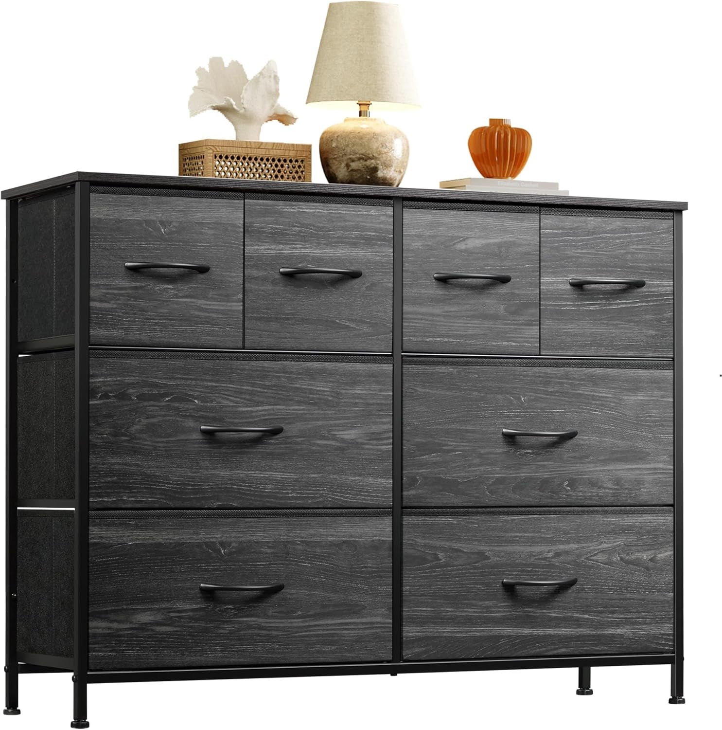Dresser for Bedroom with 8 Drawers, Wide Fabric Dresser for Storage and Organization, Bedroom Dressers, Chest of Drawers for Living Room, Closet, Hallway, Charcoal Black Wood Grain Print