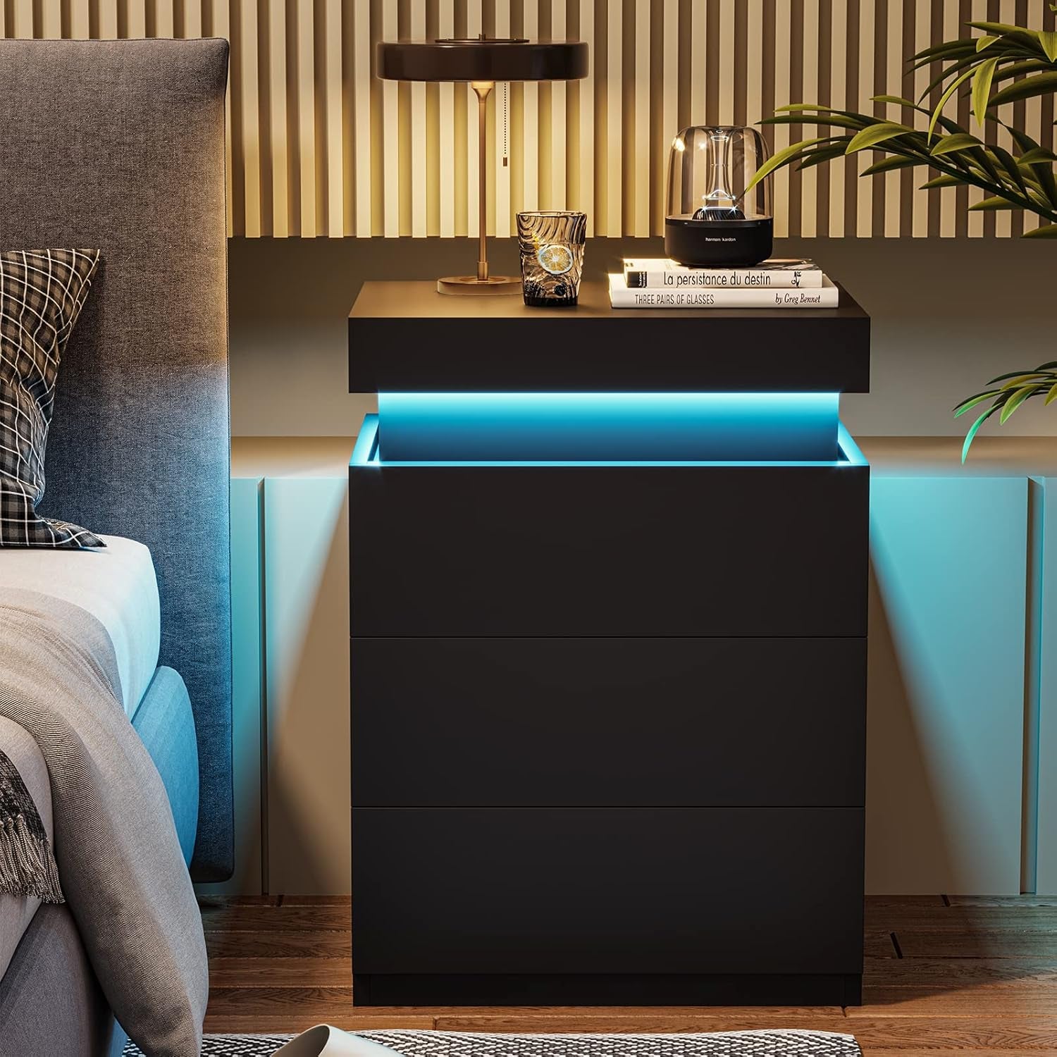 Nightstand with Charging Station and LED Lights,Night Stand with Sliding Top,Bedside Table with Drawers,Modern End Side Table for Bedroom,Black