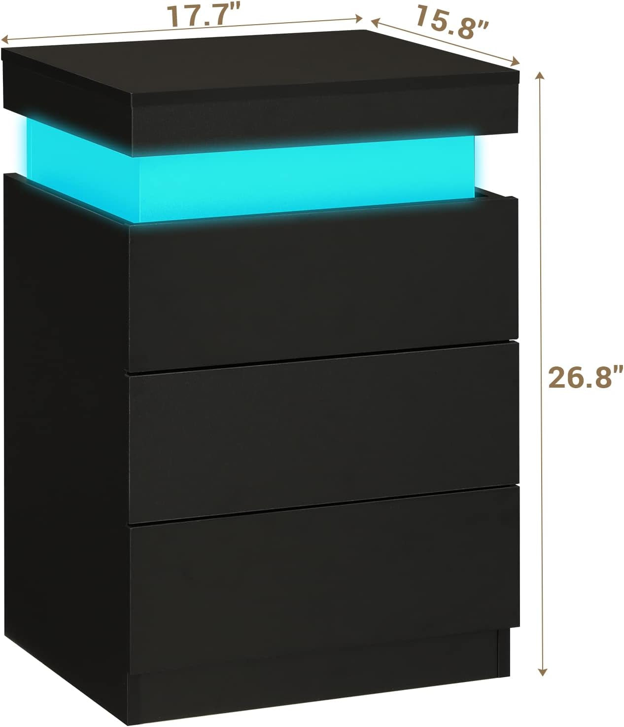 Nightstand with Charging Station and LED Lights,Night Stand with Sliding Top,Bedside Table with Drawers,Modern End Side Table for Bedroom,Black