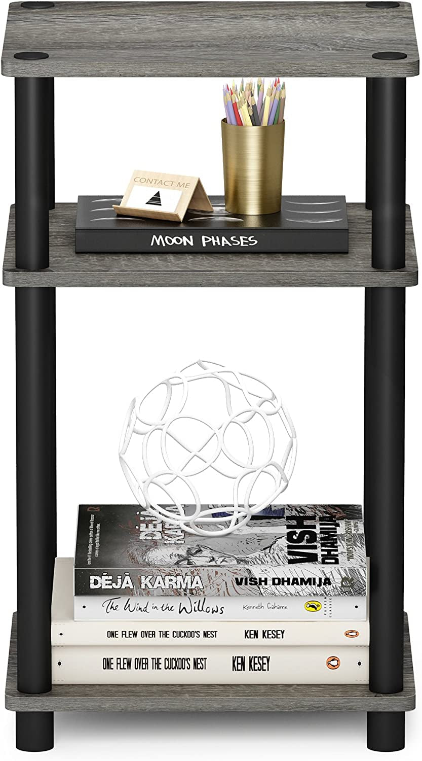 Just 3-Tier Turn-N-Tube End Table / Side Table / Night Stand / Bedside Table with Plastic Poles, 1-Pack, French Oak Grey/Black
