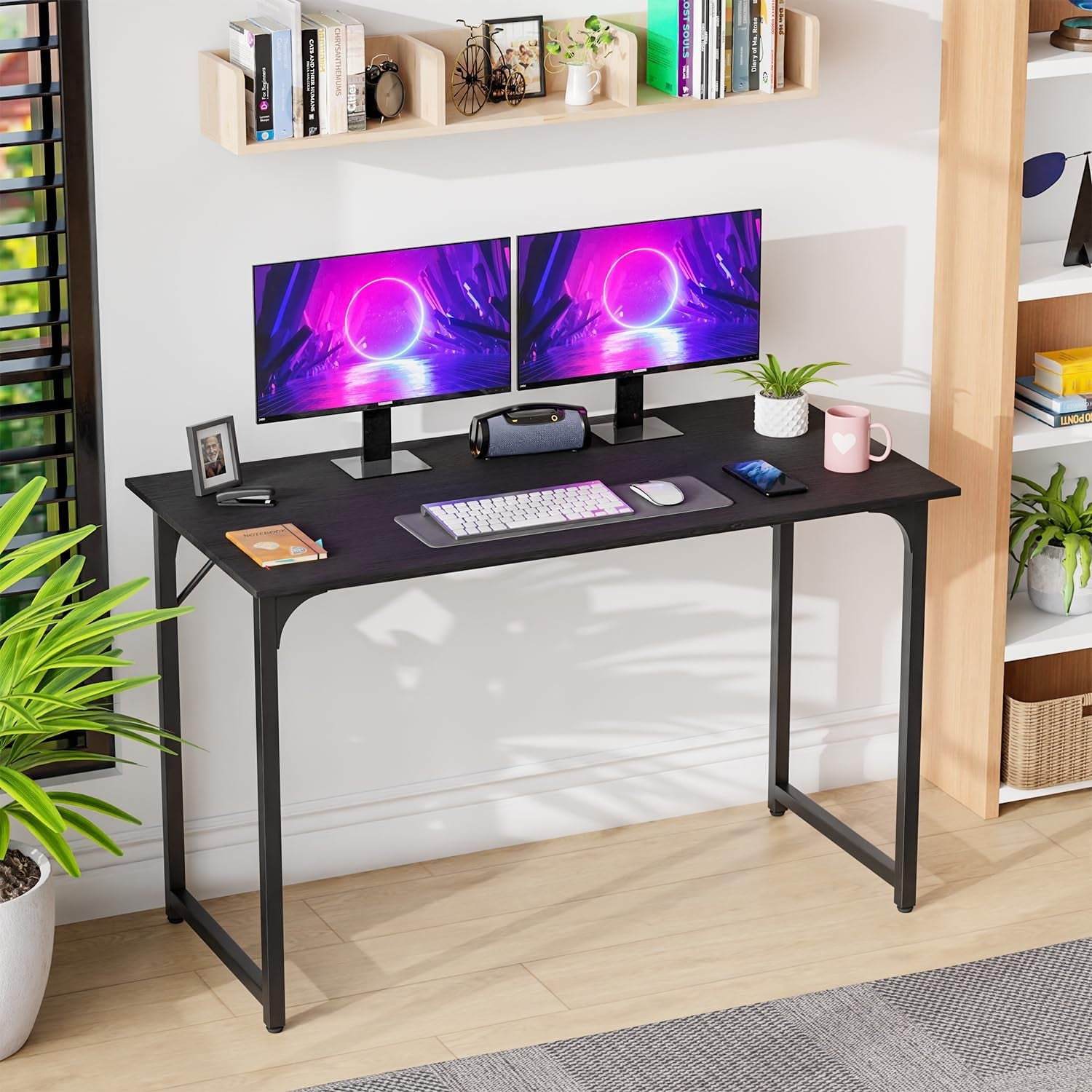 47 Inch Computer Desk Gaming Desk Multi-Function Writing Table Student Art Modren Simple Style PC Wood and Metal Desk Workstation, Black